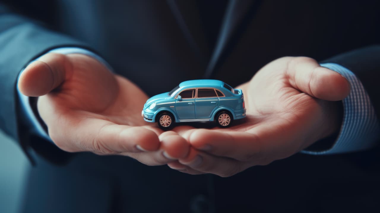 おもちゃの自動車を手で持っている